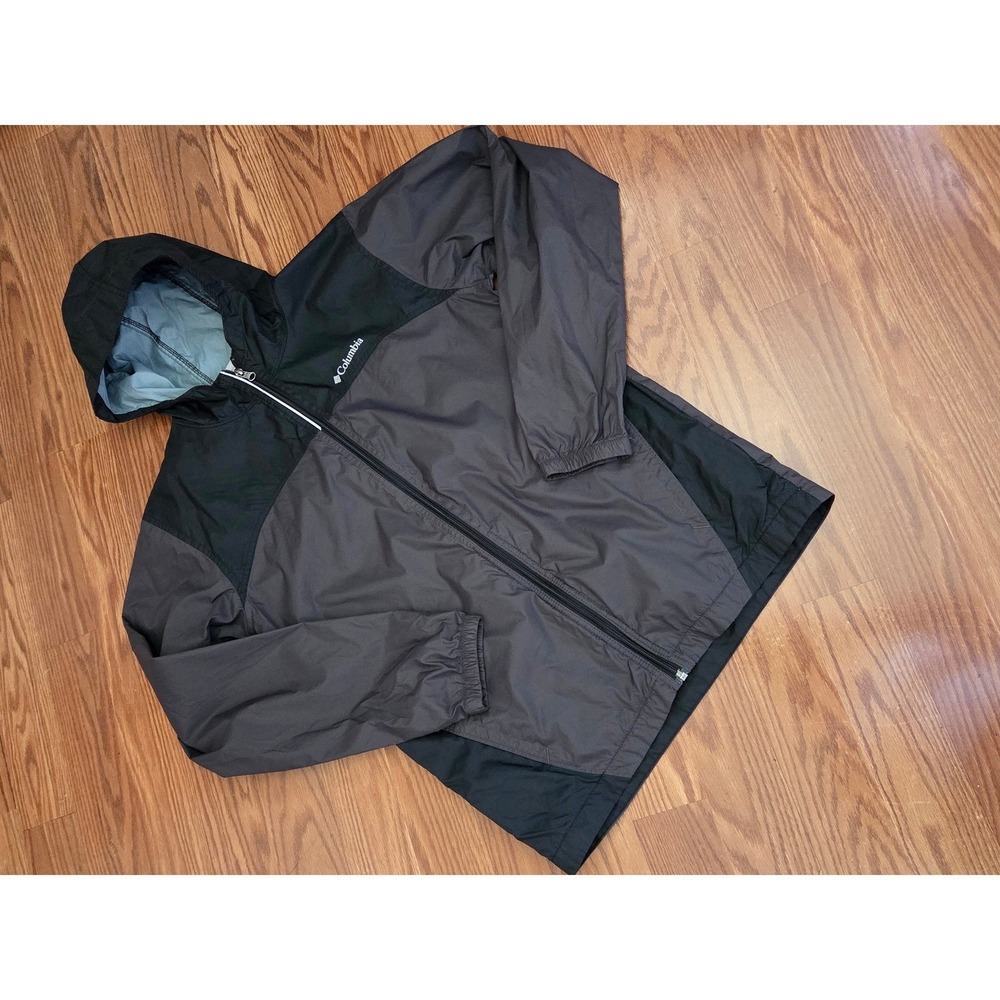Columbia Kids XL 18/20 Grey Black Hooded Windbreaker Jacket Full Zip Lightweight